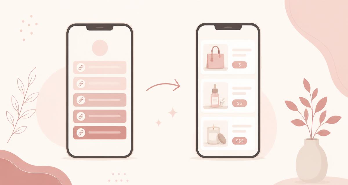 Illustration of a phone with a list of links transforming into product cards with prices