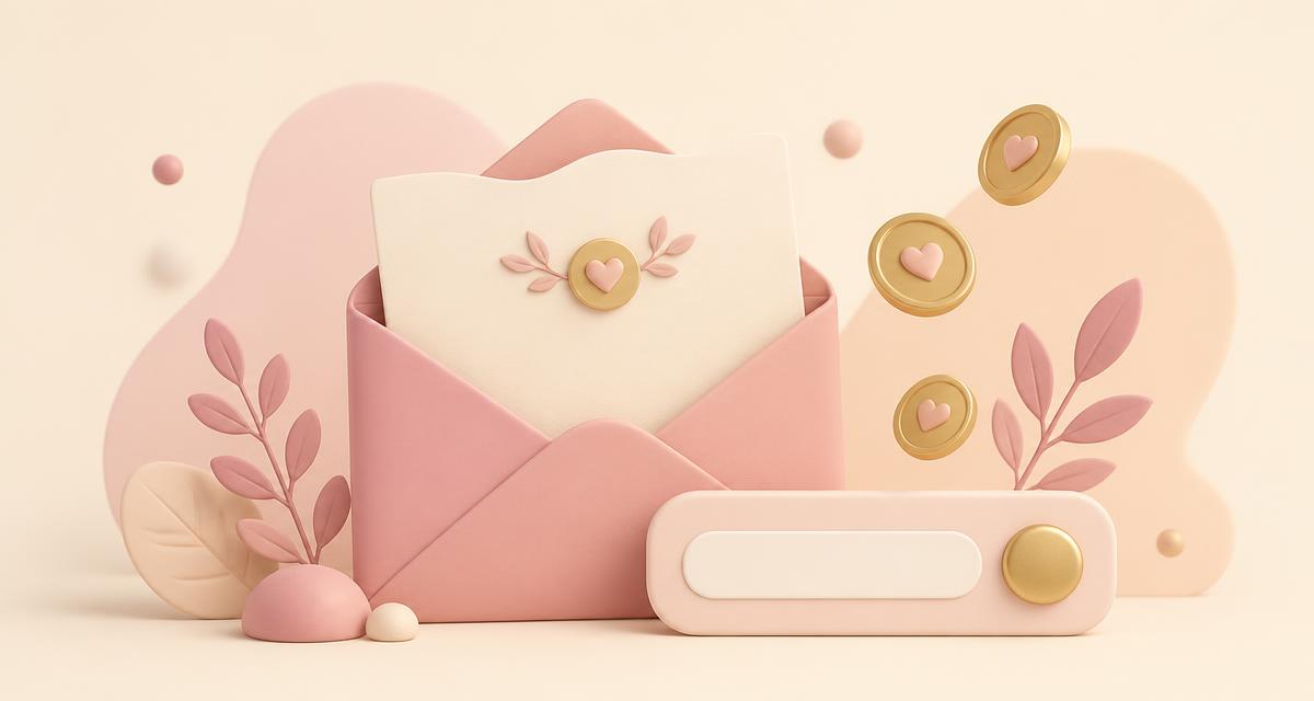 Soft illustration of an open envelope with a signup field and coins