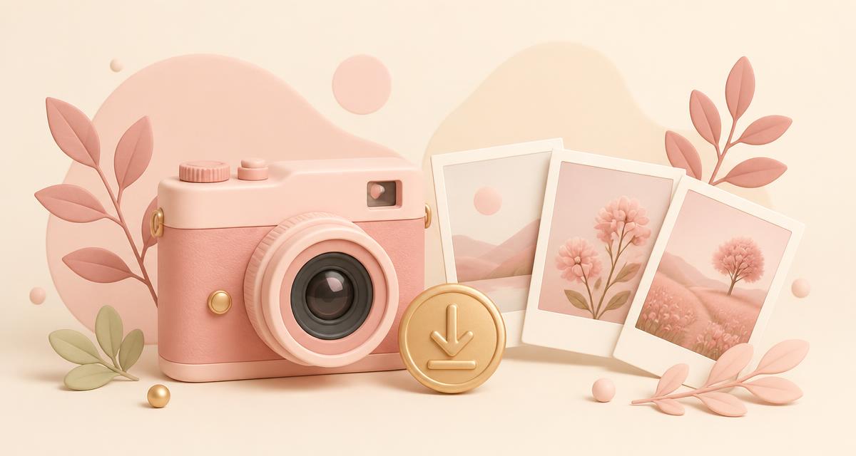 Soft illustration of a camera beside printed photos and a download badge