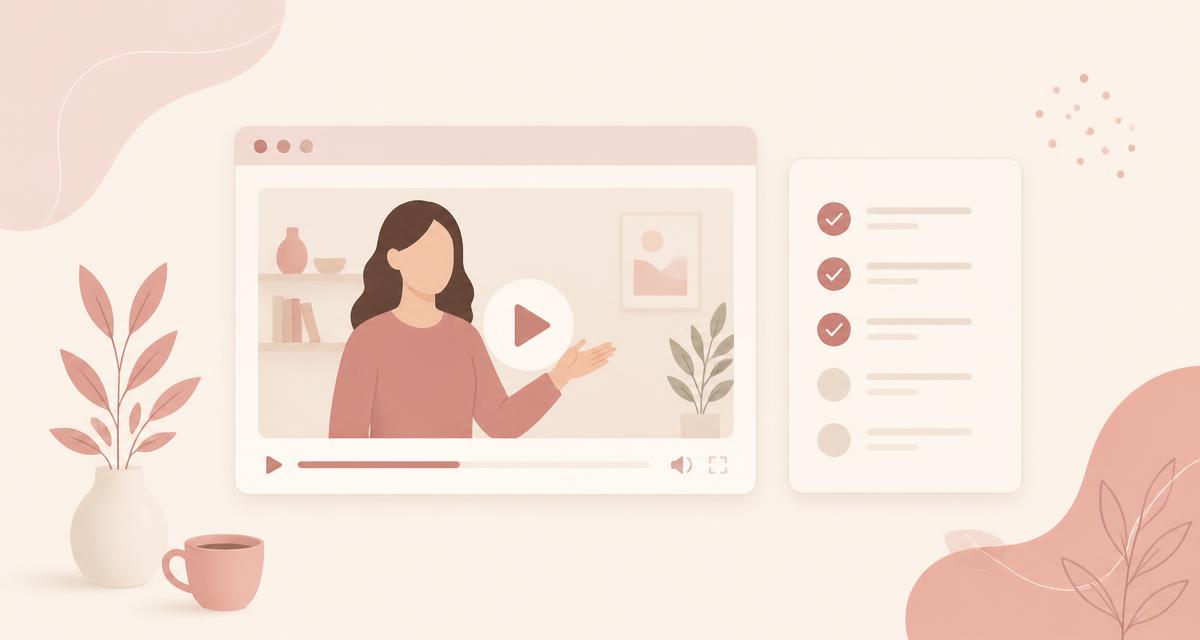 Illustration of a video lesson player next to a curriculum checklist