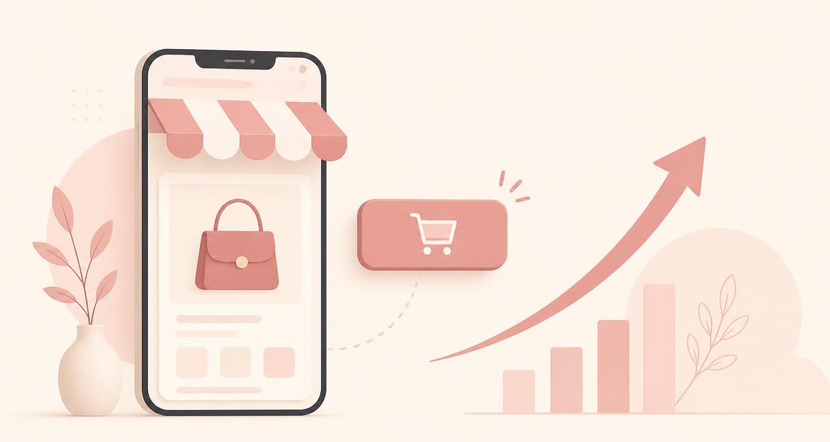 Illustration of a mobile storefront with a checkout button and a rising revenue chart